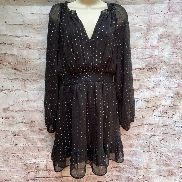 OLD Navy Clip Dot Black Metallic Silver Dress A-Line Mini Smocked Party Ruffled - Picture 1 of 5